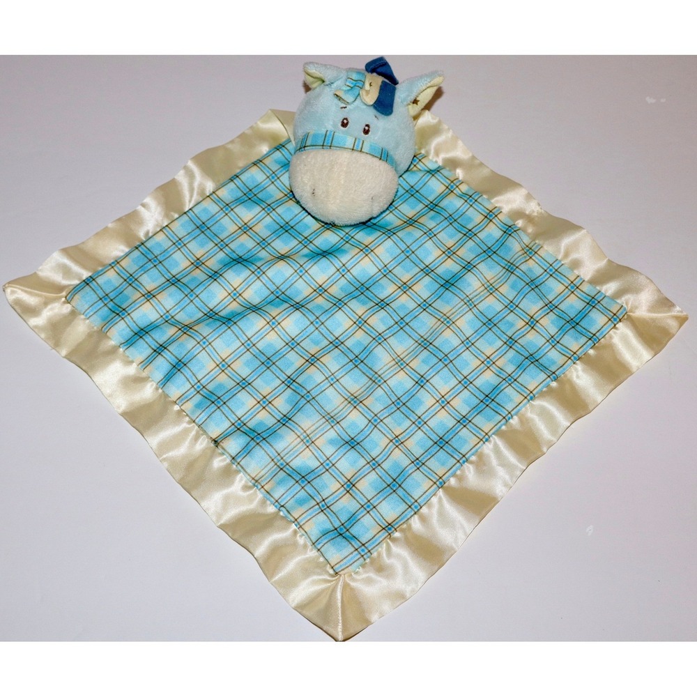Baby Ganz Wee Western Mini Horse Lovey Blanket Blue Plaid Satin Trim Plush
